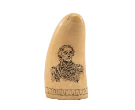 SCRIMSHAW WHALE TOOTH, carved and stained with half length portrait of Admiral Lord Nelson reversed with portrait of H.M.S.Vi