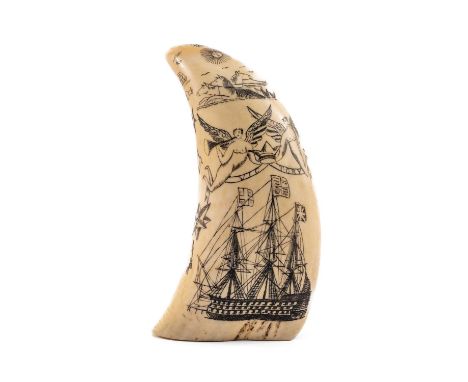 SCRIMSHAW WHALE TOOTH, carved and stained with 4 vignettes of ponies swimming, H.M.S. Victory below angels holding banner, Br