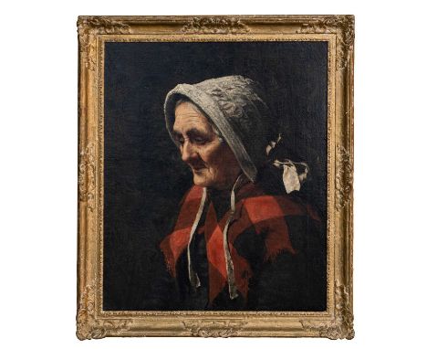 JOSEPH HERBERT BENTLEY RBA (1866-1934) oil in canvas - elderly lady in day cap and red/black plaid shawl, signed and dated '8