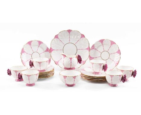 RARE AYNSLEY BONE CHINA 'BUTTERFLY' PART TEA SERVICE, pink and white with butterfly handles, comprising six cups and saucers,