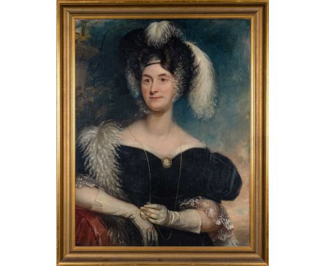 CIRCLE OF GEORGE HAYTER (1792-1881) oil on canvas - portrait of lady in feathered bonnet wearing velvet dress ornamented with