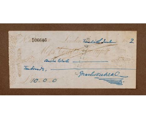 CHARLES DICKENS FRSA (1812-1870) - an autographed bank cheque signed with usual flourish in bright blue ink and paid to "Aust