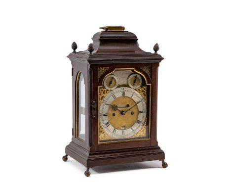 LATE 18TH C. MAHOGANY BRACKET CLOCK, John Wightwick, bell top with handle and four cone finials, over glazed sides and moulde