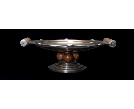 ROUX-MARQUIAND ART DECO TAZZA, c. 1930, electroplated octagonal form with turned macassar handles and triple-sphere stem, on 