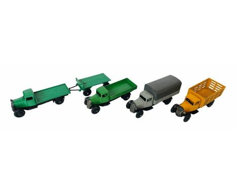 4x Dinky Toys Assorted Trucks &amp; 1x Trailer. Lot Includes: No.25F Market Gardeners Lorry - Yellow Body with Black Chassis.