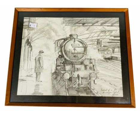 Original Framed Pencil Sketch of a B1 Steam Locomotive at Glasgow Central Train Station 1975&nbsp;