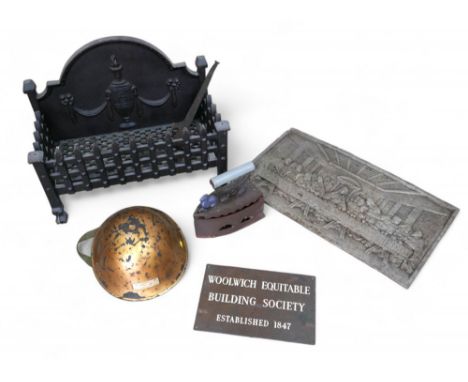 A mixed group of metal wares, including 10 spelter figurines, tallest 55cm high, a cast iron fire grate, and a presentation h