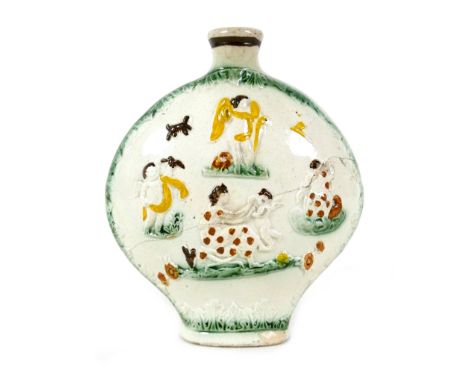 A late 18th century Staffordshire creamware flask, of ovoid form with oval foot and small neck opening, decorated in moulded 