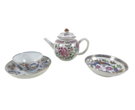 An 18th/19th century famille rose Chinese teapot, a tea bowl and saucer and a single saucer,  teapot measures 18 by 10 by 13c