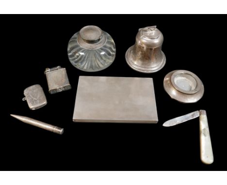 A collection of silver items, comprising a bell shaped inkwell,  a cigarette case, glass inkwell with silver top, a dish, a p