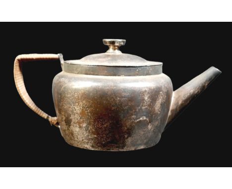 A Victorian silver bachelor's teapot, with rattan handle, registration stamp to base, Jonathan Wilson Hukin &amp; John Thomas