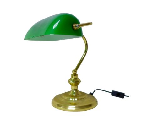 A modern brass bankers desk lamp, with green glass shade, 26 by 26 by 33cm high.Chip to shade otherwise good. 