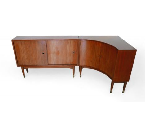 A Mid Century Greaves & Thomas teak two part corner side cabinet, the corner cabinet, with two door corner cupboard,  and two