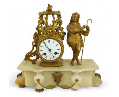 A 19th century gilt metal and white marble figural mantel clock, for restoration, 35 by 12 by 34cm high. 