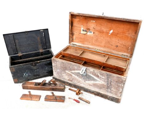 Two wooden tool chests, the larger with two lift out trays, 92 by 46 by 45cm, the smaller 61 by 32 by 31cm high, together wit