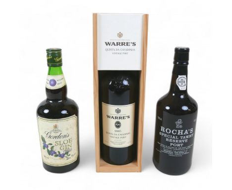 A bottle of Warre's vintage port, 2005, cased, a bottle of Rocha's Special Tawny Reserve port, together with a bottle of Gord