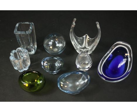 A collection of nine pieces of Scandinavian and Continental art glass, including Orresfors, Holmegaard and Daum, some dated. 