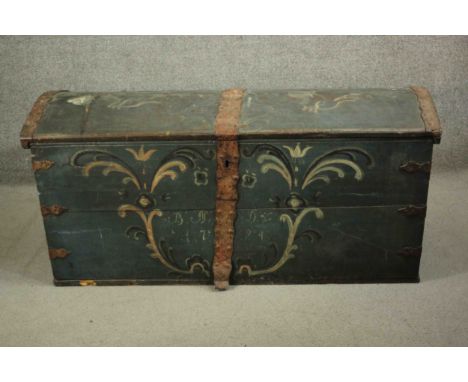An early 18th century hand painted trunk, with iron mounts. H.67 W.147 D.61cm. 