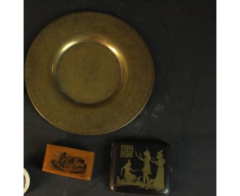 A collection of curiosities, including an Egyptian revival Damascene ware cigarette case, a Mauchline ware snuff box and a 19