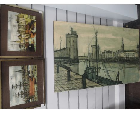 A pair of prints, after Bernard Buffet, harbour scenes, each 19 x 26cm and a similar block print, 57 x 95cm