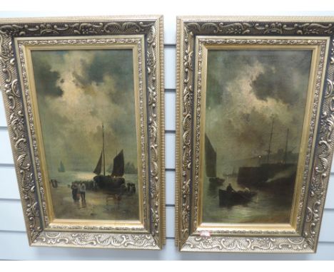 A pair of textured prints, moonlit harbours, 43 x 29cm, plus frame