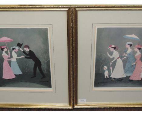A pair prints, after Helen Bradley,  promenade studies, signed, 32 x 25cm, plus frame and glazed