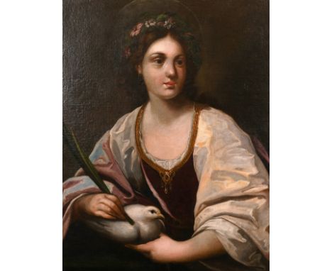 19th century school, A half-length portrait of a female saint holding a dove, oil on canvas, 28.5" x 22.5".
