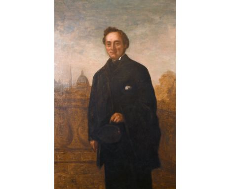 19th century English school, Portrait of a young man holding a mortarboard hat with a city beyond, oil on canvas, 30" x 20".