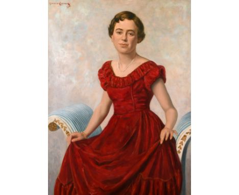 Maurice Codner (1888-1958) British, portrait of a seated lady in a red dress, oil on canvas, signed, dated '1950'. 40" x 30".