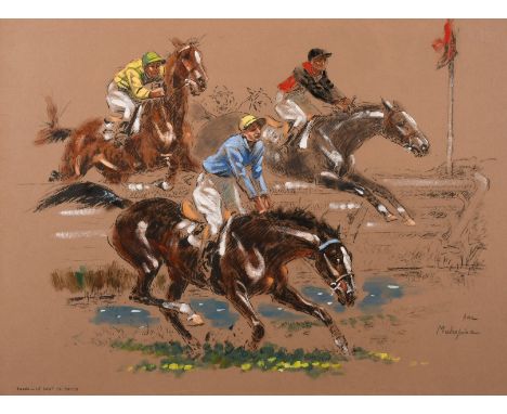 Louis Malespina (1874-1940) France, A set of three prints depicting horse racing scenes, hand coloured lithograph, each 19" x