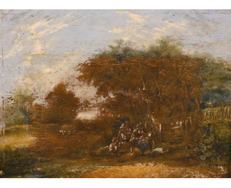 19th century English school, A scene of wayfarers at rest in a landscape, oil on mahogany panel, 6" x 8.25". (A/F).