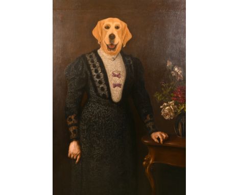 Early 20th century English school, An amusing portrait of a lady with a dog's head, oil on canvas, signed with monogram and i