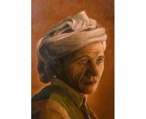 Kathleen McKenzie, Circa 2001. Portrait of a woman in a turban, oil on canvas, inscribed verso, 16" x 12".