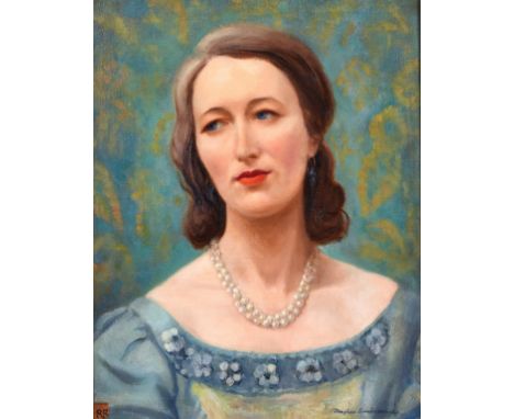 Douglas Swainson (20th century) British, Head and shoulders portrait of a lady, in an interior, oil on canvas, signed, 18" x 