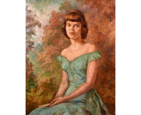 Sabinha Bozcali (1904-1998) Turkish, A portrait of a seated elegant lady holding a fan, oil on canvas, signed, 34" x 26", (Un