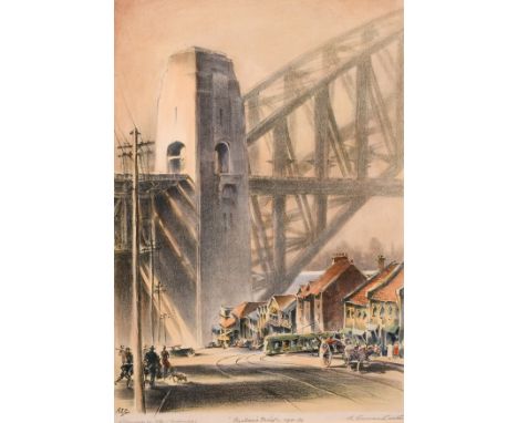 Robert Emerson Curtis (1898-1996) British/Australian, 'The Bridge from Woolloolooloo', Sydney Harbour bridge in the distance,