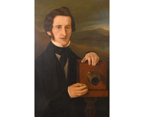 19th/20th century British school, A half-length portrait of a photographer with a landscape beyond, oil on canvas, in a Watts