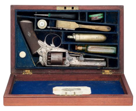 ˜ A CASED 80 BORE FIVE-SHOT PERCUSSION PRIZE REVOLVER BY JAMES WORRAL, FOREGATE ST, CHESTER, PRESENTED BY MRS J. WORRAL TO TH