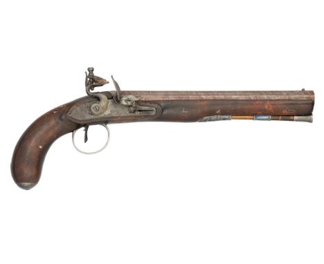 AN IRISH 16 BORE FLINTLOCK DUELLING PISTOL BY CLARKE, DUBLIN, CIRCA 1800 with slightly swamped rebrowned octagonal sighted ba