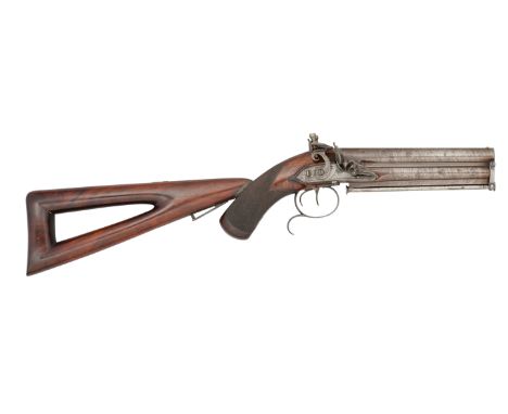 A 16 BORE FLINTLOCK OVER-AND-UNDER OFFICER’S PISTOL WITH DETACHABLE SKELETON SHOULDER STOCK BY STAUDENMAYER, LONDON, NO. 1224