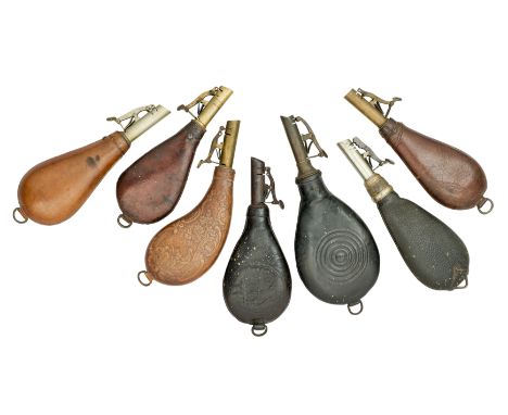 SEVEN LEATHER SHOT-FLASKS, LATE 18TH/19TH CENTURIES the first of black leather embossed with a hunting vignette on one face, 