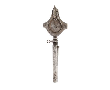A GERMAN COMBINED PRIMING-FLASK, MEASURE, WHEEL-LOCK SPANNER AND TURNSCREW, 17TH CENTURY formed entirely of iron, with flat h