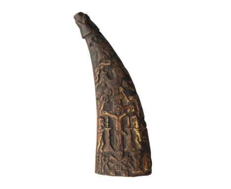 ‡ A NORWEGIAN COW HORN POWDER-FLASK, MID-17TH CENTURY AND AN ENGRAVED COW HORN FLASK, 18TH CENTURY the first with curved body