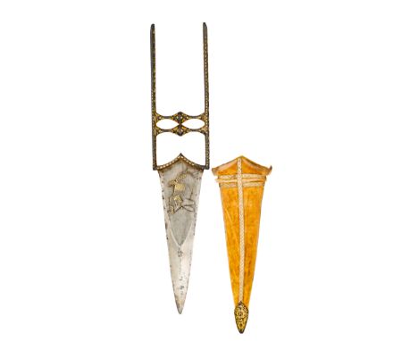 A NORTH INDIAN DAGGER (KATAR), 18TH CENTURY, RAJASTHAN OR PUNJAB with triangular blade of crucible steel, formed with a reinf