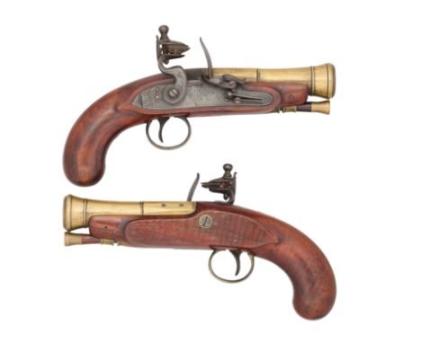 A CASED PAIR OF BRASS BARRELLED FLINTLOCK BLUNDERBUSS PISTOLS SIGNED H. NOCK, LONDON, BIRMINGHAM PROOF MARKS, CIRCA 1820 with