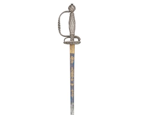 A FINE FRENCH SILVER-HILTED SMALLSWORD, PARIS, 1753 with tapering blade of flattened-hexagonal section, etched and gilt with 