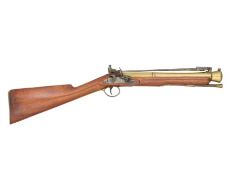 A BRASS BARRELLED FLINTLOCK BLUNDERBUSS SIGNED BASS, LONDON, BIRMINGHAM PROOF MARKS, CIRCA 1830 with brass barrel formed in t