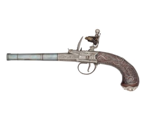 A 60 BORE D.B. SILVER-MOUNTED FLINTLOCK SINGLE TRIGGER TURN-OFF PISTOL BY BARBAR, LONDON, PRIVATE PROOF MARKS, MAKER’S MARK O