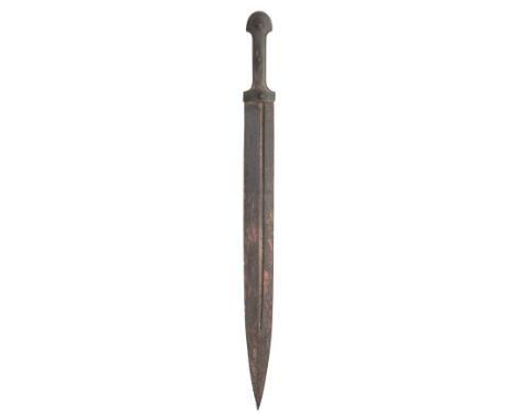 A CAUCASIAN SHORTSWORD (KINDJAL), 19TH CENTURY with broad double-edged blade formed with a long off-set fuller on each face, 