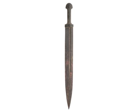 A CAUCASIAN SHORTSWORD (KINDJAL), 19TH CENTURY with broad double-edged blade formed with a long off-set fuller on each face, 